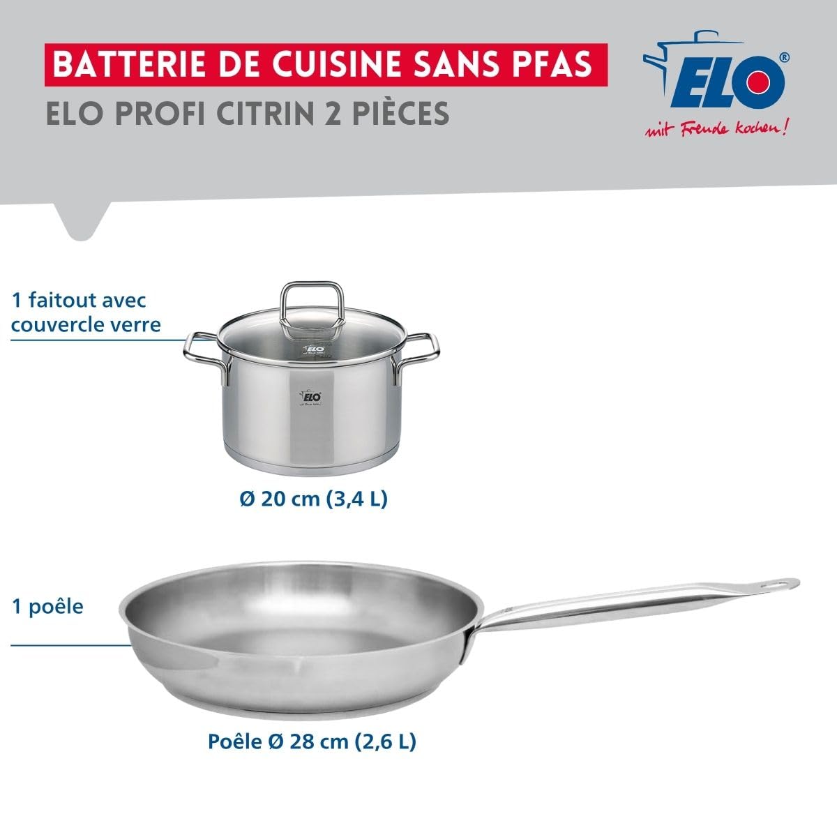 Elo Batterie cuisine 1 poêle 28 cm et 1 faitout 20 cm