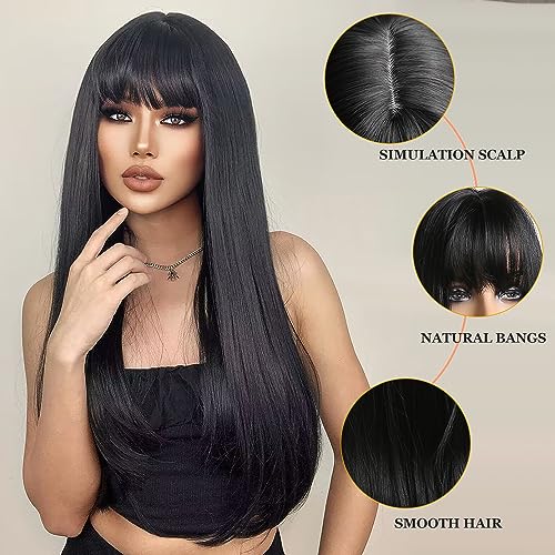 Esmee Long Straight Black Wigs for Women Natuaral Synthetic Layered Hair Brunette Wig with Fringe for Daily Party Cosplay Use-26 Inches - Image 3