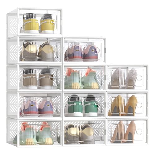 SONGMICS Schuhboxen 12er Set Aufbewahrungsbox für Schuhe robust faltbar und stapelbar für Schuhe bis Größe 43 Sportschuhe High Heels flache Schuhe transparent-weiß LSP106W12V2
