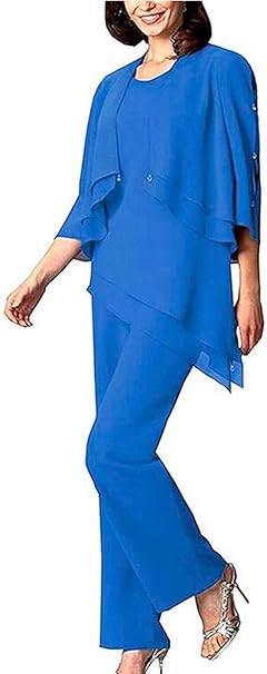 Mother of the Bride Chiffon 3 Piece Set for Women with Pants, Blue
