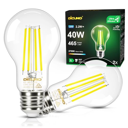 DiCUNO Edison LED Lampe E27, Classic ultraeffiziente Birne, A Label, 2.2W,...