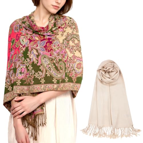 Achillea 2 Pack Solid Cream Shawl and Olive Rose Floral Shawl Bundle