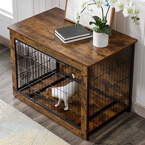 Tabu Furniture Style Dog Crate, Wooden Dog Crate With Removable Tray, Dog Furniture End Table, Indoor Dog Kennel With Double Doors, 43" Dog Cage For Small/Medium/Large Dogs #TOP6