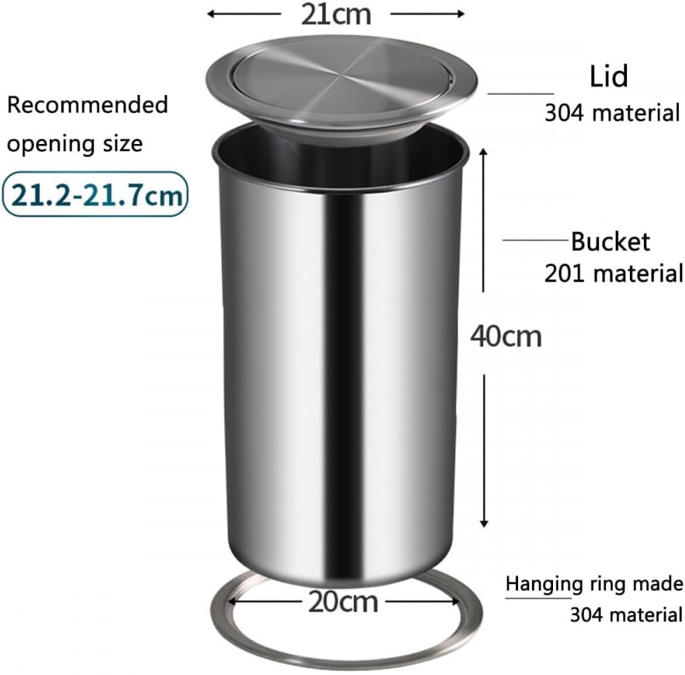 Countertop Built-in Trash Can, Bin Flap Garbage Stainless Steel Round Metal Kitchen Hidden Small Waste Chute Lid,-12L
