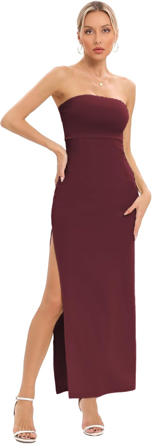 JLCNCUE Women's Tube Strapless Maxi Dress Side Slit Bodycon Dresses Sleeveless Off Shoulder Backless Cocktail Dress 295 - Image 2