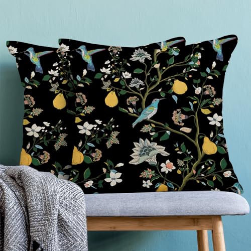 Sorktse Vintage Black Floral Pillow Covers 18x18 Inch Set of 2 Boho Black Hummingbird Wildflower Throw Pillows Spring Summer Chinoiserie Pillowcases Outdoor Decor Linen Cushion Covers for Couch Sofa — view 2