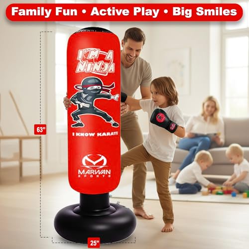 Image of Marwan Sports Ninja Kids Punching Bag - Inflatable Sensory Toy & Birthday Gift for Boys & Girls Ages 4-12, 63 inch Freestanding 5-in-1 Kit, Indoor Apartment-Quiet Sensory-Friendly Active Play