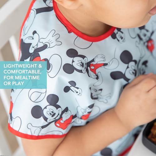 Bumkins Disney Short Sleeve Bib for Girl or Boy, Toddler and Kids for 1-3 Years, Large Size, Essential Must Have for Junior Children, Eating, Mess Saving Soft Fabric Apron for Play, Mickey Mouse