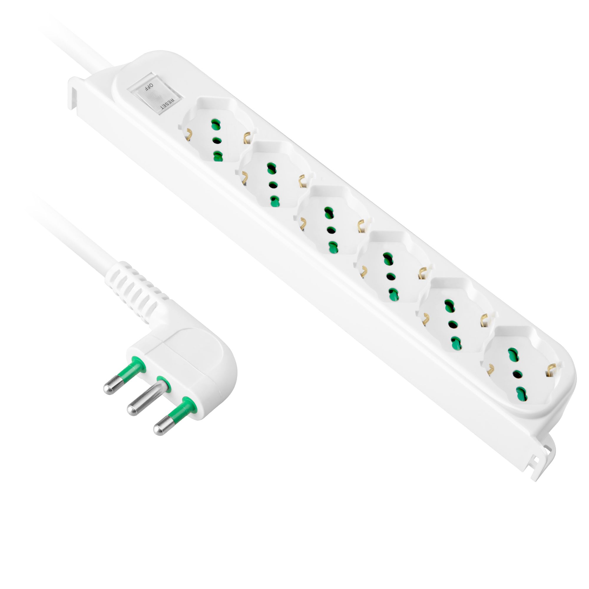 Ekon multipresa a ciabatta con 6 porte, per spine italiane, per prese schuko, spine europee, cavo da 1.5m, spina italiana 10A, interruttore luminoso, bianco