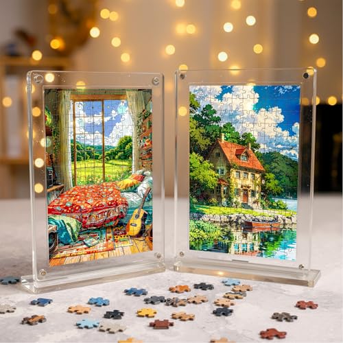 Image of Mini Leaves Morning Light Acrylic Frame Jigsaw Puzzle 140 Pieces | Cozy Room Desk Decor with Display Frame | Premium Gift for Art & Puzzle Lovers