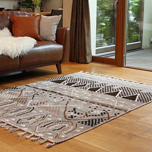 萩原 ラグ ベージュ 約130×190cm 「クームース ガンター」 ウール100% 羊毛 手織り ノルディック エスニック