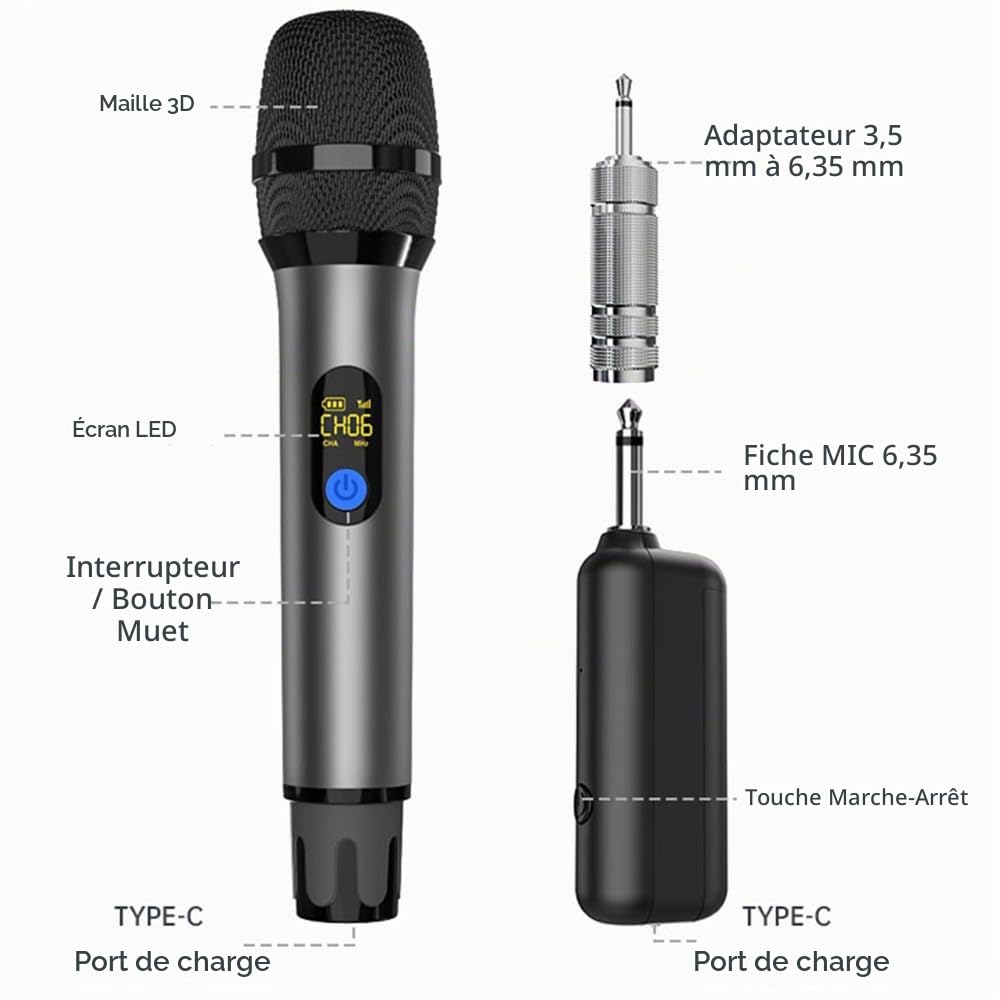 VOVIGGOL Micro sans Fil Professionnel en Métal 2 Pièces, UHF Système Microphone Dynamique sans Fil, Microphone de Karaoké avec Récepteur Rechargeable pour Chant, Fêtes, Soirées, Églises, Mariages
