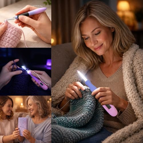 Image of Yarniss 11 Size Lighted Counter Crochet Hooks 2.5-8.0mm,Screw Knob Handle | Glow in Dark Crochet Hooks with Gradiant Ergonomic Handle