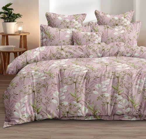 Image of DECOR2ADMIRE 300 TC Super King Size Glace Cotton Printed Bedsheet with 2 Pillow Covers - 108 inch x 108 inch (275cm x 275cm) - Available in Multiple Elegant Designs (Blush Botanical Elegance)