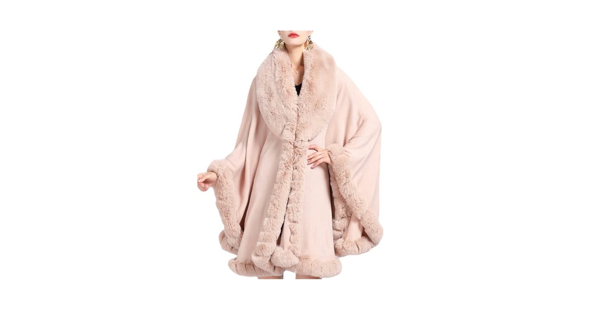 Women Open Front Faux Rabbit Fur Collar Poncho Cape Large
