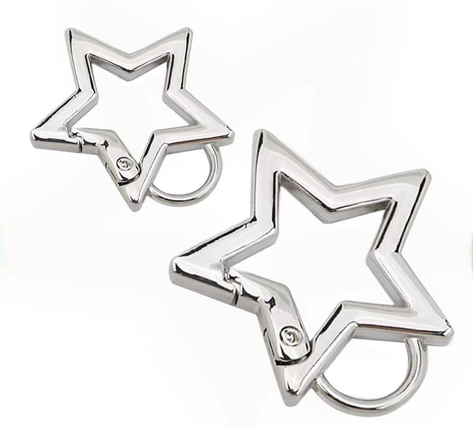 2Pc Silver Star Shaped Stainless Steel Keychain Clip Carabiner Snap Hook Holder Star Carabiner Hook Clip Key Holder Carabiner Clip for Keys and Wallet with Key Chain Rings Accessories (S&M)