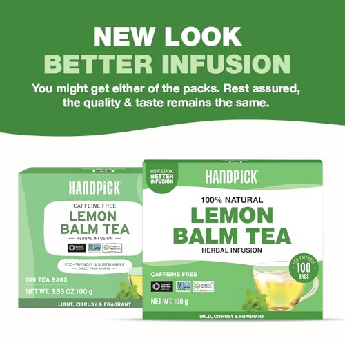 Image of HANDPICK Lemon Balm Tea Bags - 100 Count | 100% Pure & Naturally Dried | Caffeine-Free Herbal Tea with Citrus Flavor & Aroma | Premium Lemon Balm Leaf (Pack of 2)