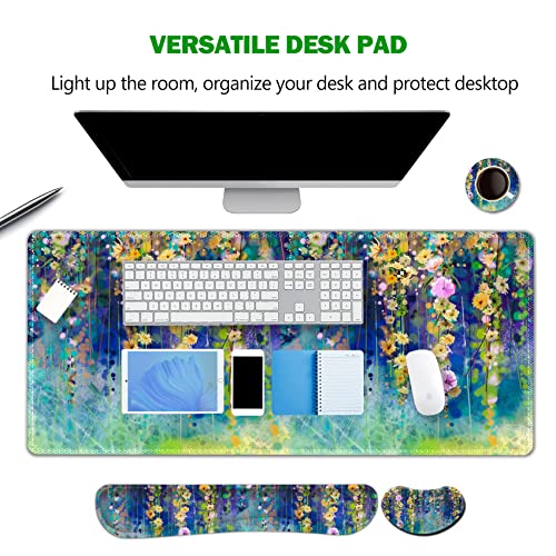 Image of ARTSO Large Gaming Mouse Pad Set, Keyboard Wrist Rest Support + Mouse Wrist Cushion + Extended Mousepad + Coaster, 35x15.5in Multifunctional Desk Mat 4pcs, Oil Painting Flowers