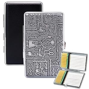 2 stuks sigarettendoosjes voor 20 dunne opgerolde sigaretten, stijlvol PU-leer, metalen sigarettenetui voor dames en heren (6,0 zwart + zilver)