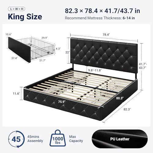 Image of Allewie King Size Black Metal Faux Leather Platform Bed Frame with 4 Drawers