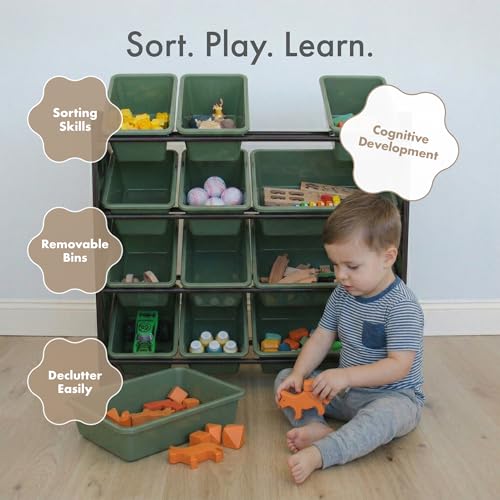 Image of Humble Crew Toy Storage Organizer with 12 Removable Storage Bins for Kids Playroom, 4-Tier Toddler Toy Organization, Army Green Camo