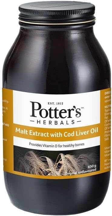 Potter's Malt with Cod Liver Oil | 650 g Bottle | Nature's Natural Sweetener in The Form of Maltose | Providing a Valuable Source of Omega-3 Fatty acids and Vitamins A, D and E