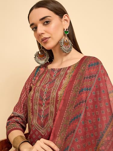 Image of SheWill Kurta Sets for Women - Red Rayon Aari Hand Work with Digital Floral Print Kurta with Pant and Chanderi Dupatta |Stylish Printed Summer Kurti Set