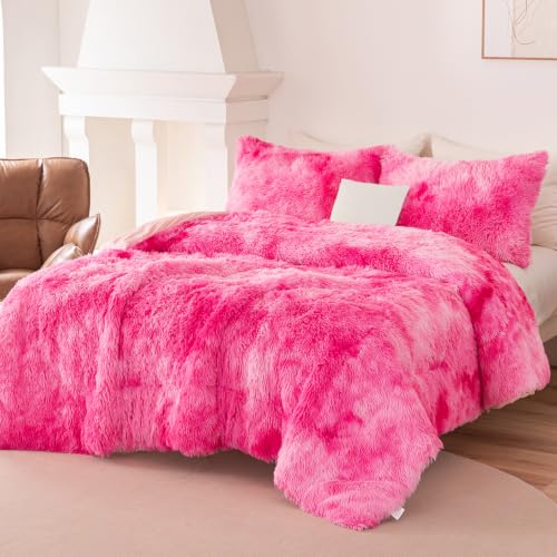 Image of Plush Shaggy Fluffy Comforter Set King Size Pink Rainbow Faux Fur Bedding Set for Girls Women 3 Pieces Tie Dye Soft Fuzzy Bed Set for Bedroom Decor(Pink White Ombre, King)