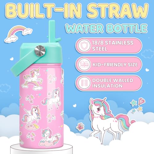 Image of SANDJEST Unicorn Water Bottle - Kids Water Bottle with Straw Lid - 12 Oz Insulated Stainless Steel Water Bottles for Kid Girls - Travel Cup for School Sports