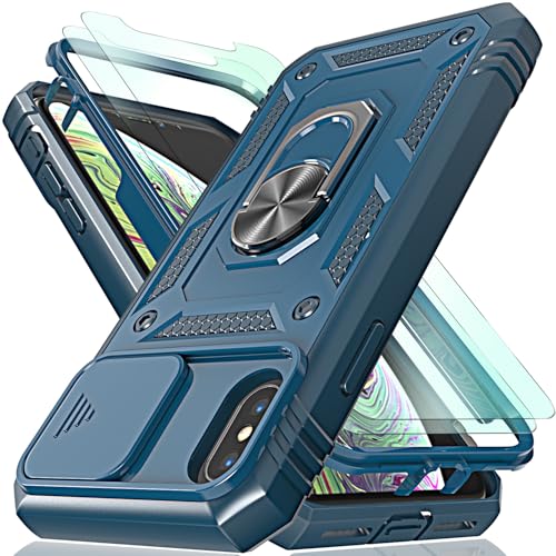YmhxcY for iPhone X Case/iPhone Xs Case with Camera Cover Slider, 2*Tempered Glass Screen Protectors,Build in 360° Rotating Ring Kickstand, Military Grade Protective Case for iPhone X5.8-Blue