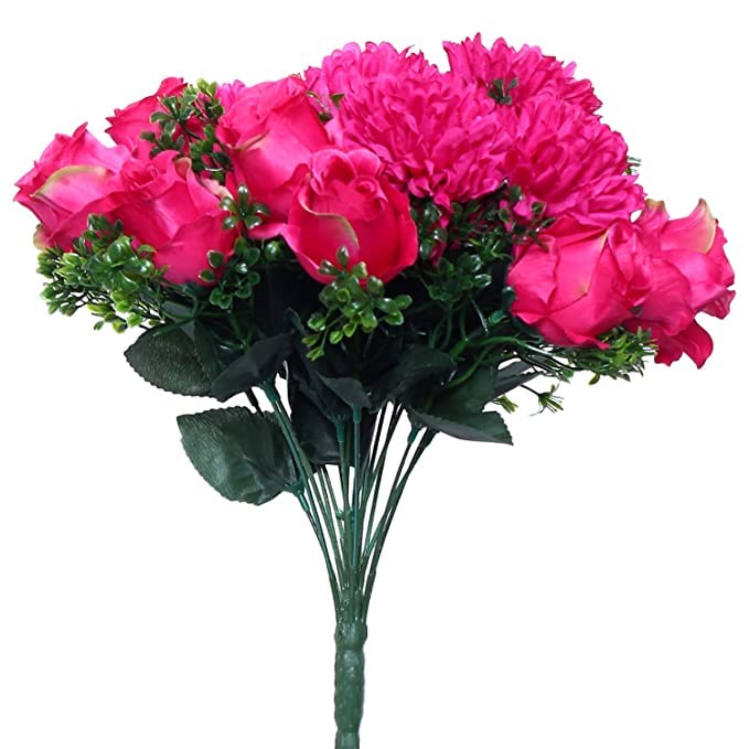 REAL PBR Artificial Merigold Flower Bunch for Home Decor Office | Artificial Flower Bunches for Vases 18 Sticks | Vase Not Included |(Pack of 1) (Magenta)