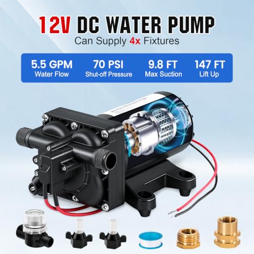 Image of ECO-WORTHY RV Fresh Water Pump 12V DC 5.5GPM 70PSI,12 Volt Diaphragm Self-Priming Pump with Pressure Switch for RV Garden Irrigation Spraying Marine Yacht