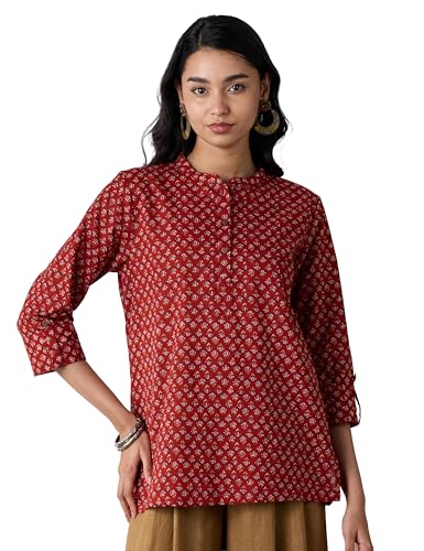 Image of Amazon Brand - Myx Women's Screen Print Straight Printed Regular Cotton Short Kurti (Available in Plus Sizes)