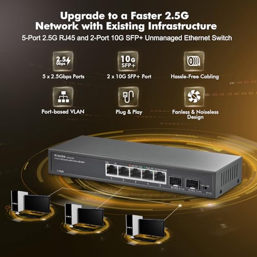 Image of MokerLink 5 Port 2.5Gigabit Ethernet Switch with 2x10G SFP Slot, 5 x 2.5G Base-T Ports, VLAN Isolation, Metal Unmanaged Fanless Small Network Switch