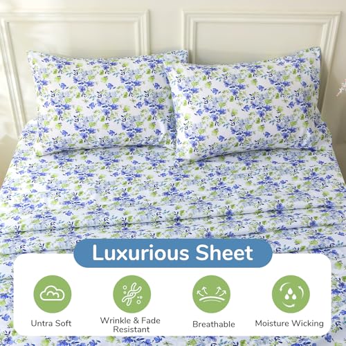 Image of MUXHOMO King Size 4 Piece Sheet Set, Soft & Breathable Sheet for Bedroom with Deep Pocket Up to 16 inch, Wrinkle-Free & Cooling Bed Sheets with Flat Sheet, Fitted Sheet & Pillowcases - Aqua Bloom