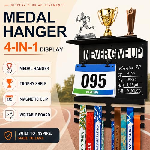 Image of Running Medal Hanger Display with Trophy Shelf, Never Give Up Race Medal Display with Photo or Race Bib Holder, Writable Goal Area, Wall Mounted, Black