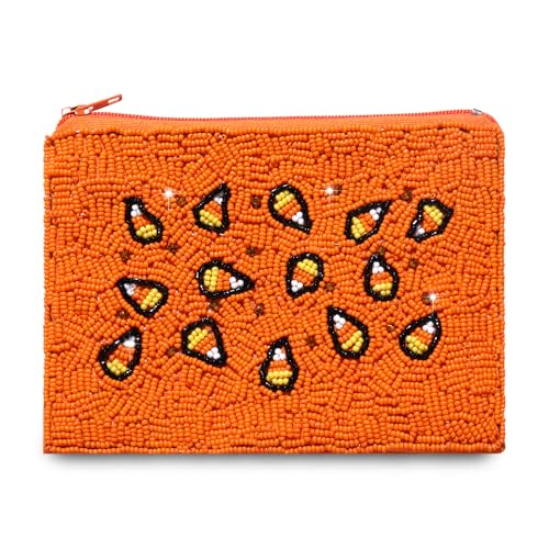 Image of Coin Purse Halloween Beaded Coin Purse for Women Halloween Candy Corn Holiday Coin Pouch Small Change Purse Wallet for Her