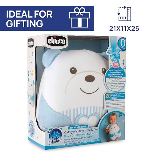 Chicco Ours de méditation câlin, Peluche électronique Doux pour Enfants, Rembourrage Doux, 20 Minutes de Musique relaxante et méditative, lumière Douce, Lavable en Machine, 0 Mois +, Bleu