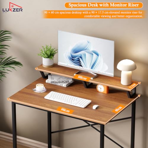 Image of Lukzer X-Support Study Table with Monitor Riser for Home Office (MST-009 /Black & Oak Brown) Metal & Engineered Wood Laptop & Computer Workstation Desk for Student, DIY Spacious Tabletop (90x60x86 cm)