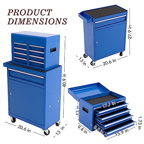 WAYTRIM Tool Chest, 5-Drawer Rolling Removable Tool Cabinet Box with Wheels and Drawers, Adjustable Shelf, Tool Cabinet Storage Box, Portable with Wheels and Lock for Repair Shop, Garage, Blue