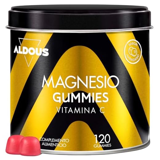 Citrato de Magnesio Gominolas 1340mg + Vitamina C 45mg Por Dosis Diaria - 120 Gominolas - Magnesio Puro 225 mg - Sabor Natural a Arándano - Vitaminas para el cansancio - Músculos y Huesos - Aldous
