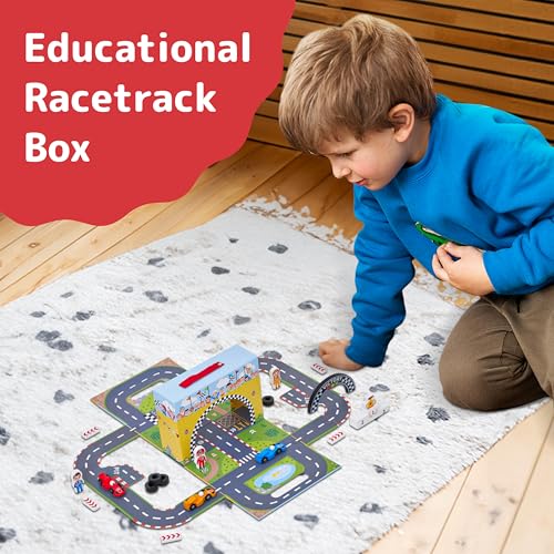 Prextex Portable Paper Car Racing Track - Engaging Car Race Track Toy with Cars, Ramp Tracks, & Exciting Accessories for Ages 3+ - Boost STEM Skills, Creativity, Coordination - 11.4\"x8.4\"x4\"