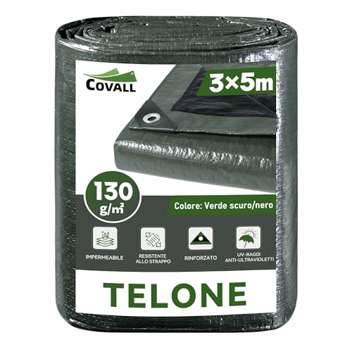 COVALL Telo Telone 3x5m telo impermeabile esterno 130g/m² plastica Tenda Anti UV Copertura Esterna Piscina Tetto Sabbiera Barca RV Auto Copertura Protettiva (Verde scuro/nero)