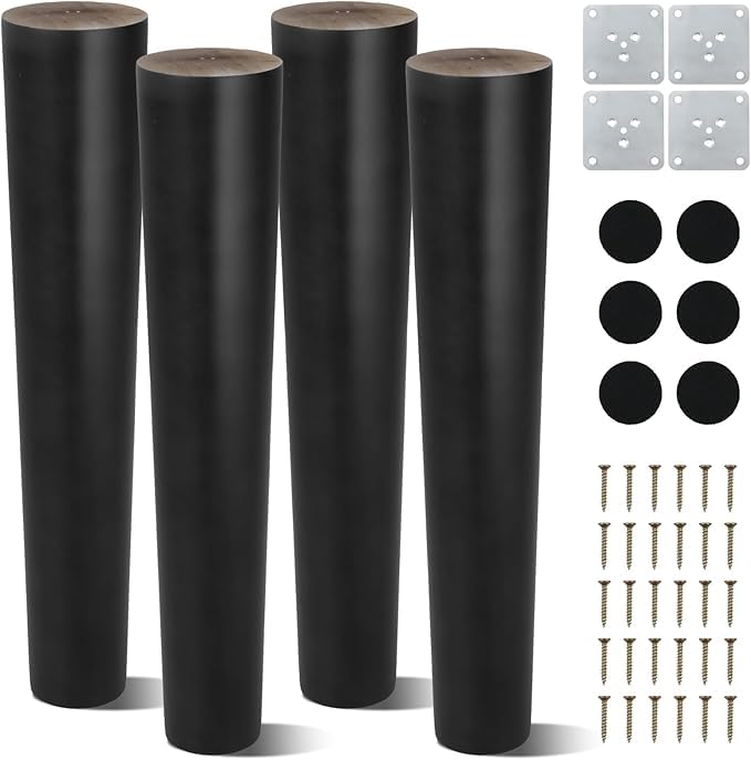 Luabue 4 Pack Wooden Furniture Legs 25cm Black Sofa Feet Chair Legs, Solid Wood Bed Legs 10 inch Cabinet Legs TV Stand Couch Black Furniture Feet with Mounting Plates & Non-Slip Felt Mats & Screws — image 1