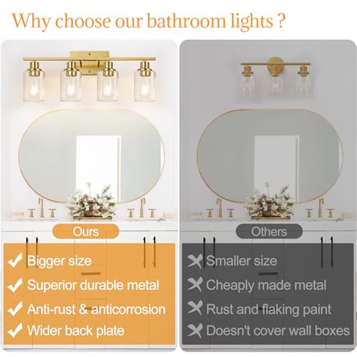 Image of Indoi 4-Light Bathroom Light Fixtures, Brushed Gold Modern Vanity Lights with Clear Glass Shades, Bathroom Wall Lamp for Mirror Living Room Cabinet Bedroom Porch