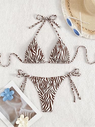Image of Tainehs Women's Sexy Halter Thong Bikini Tie Two Sides Bottom Triangle Bikini Swimsuits