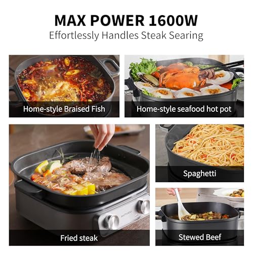 Image of 6-Quart Electric Skillet with Grill | Non-Stick PFOA-Free Ceramic-Coated Pot, 1600W, Timer & 3 Power Settings for Steak, Egg, Ramen (Includes Tongs) Pot & Grill