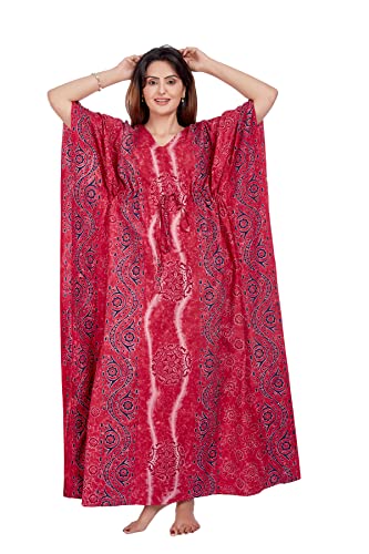 Image of Womens Cotton Hand Dyed Batik Kaftan Nighty With Drawstring Waist | V-Neck Printed Free Size Relaxed Fit Casual Sleepwear Loungewear Nightwear Kaftan Dress Gift (Pink Design)