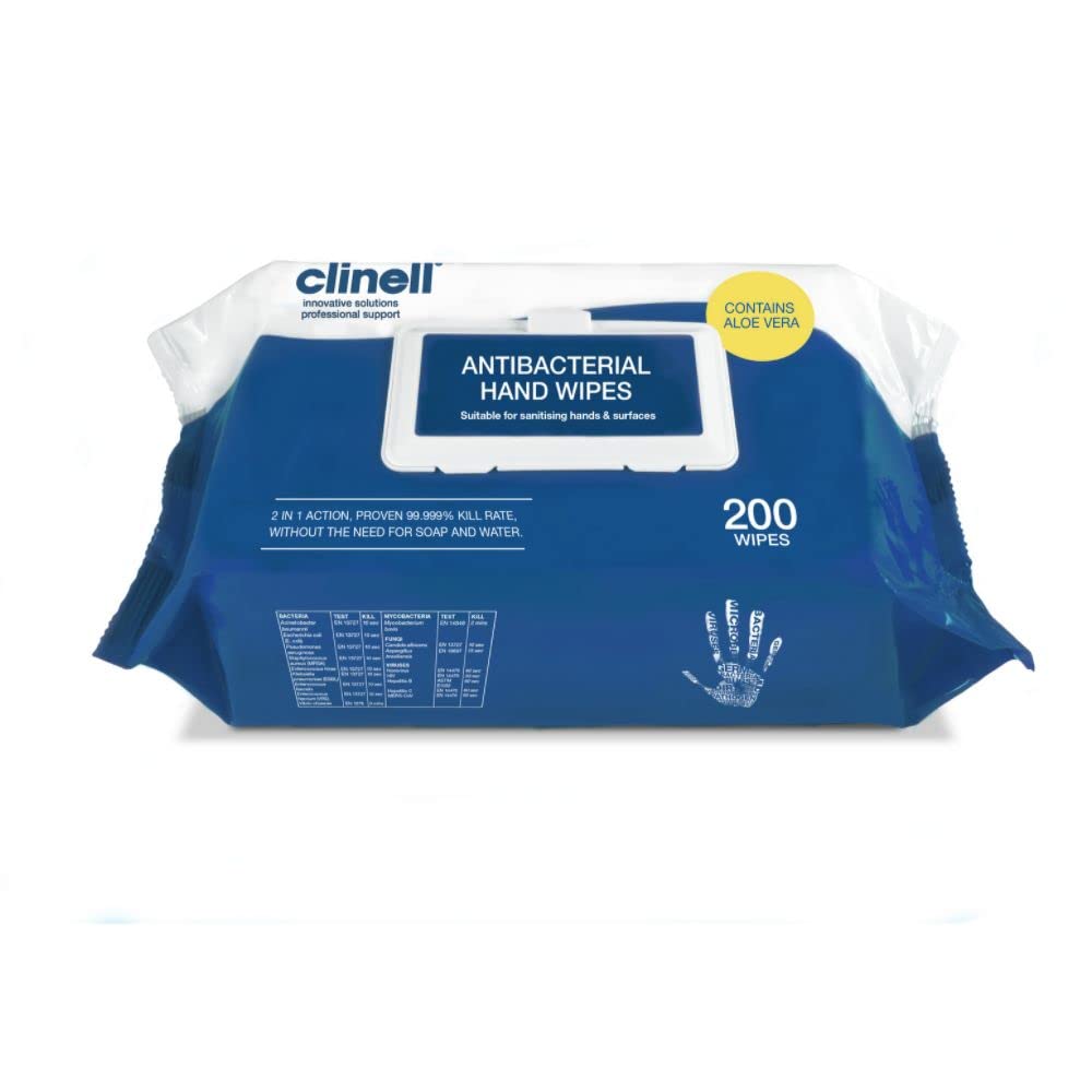 Clinell Antimicrobial Hand Wipes - Pack of 1 - 200 Wipes - Antibacterial, Suitable for Hands and Surfaces - Dermatologically Tested, Kills 99.99% of Germs