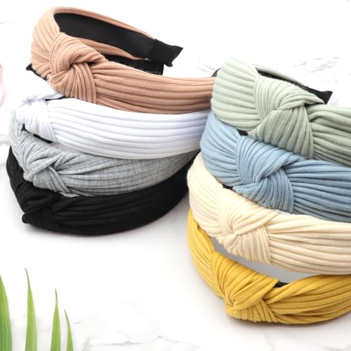 Image of DRESHOW 8 Pack Knotted Headbands for Women Wide Turban Headband Yoga Exercise Ribbing Hair Hoop Hair Bands Accessories